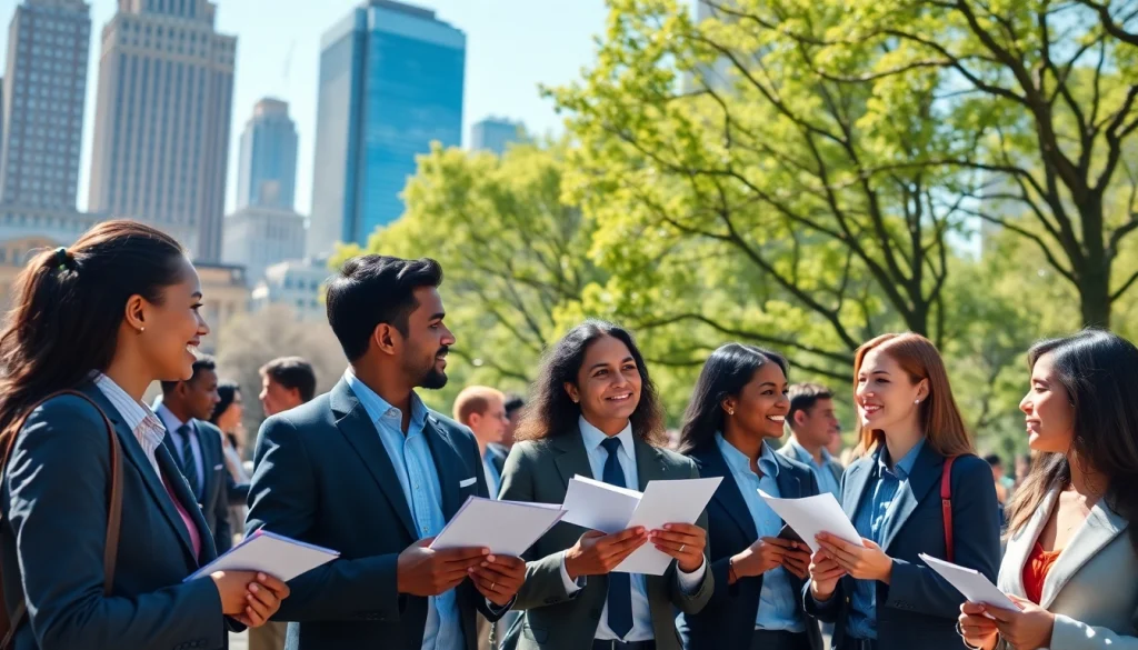 Networking job seekers discussing jobs new york opportunities in a vibrant city setting.