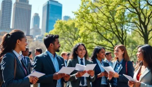 Networking job seekers discussing jobs new york opportunities in a vibrant city setting.