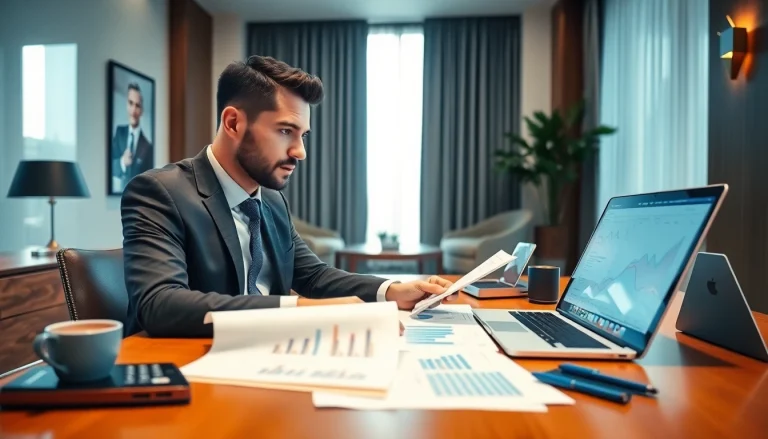 CPA analyzing financial reports at a modern office desk, surrounded by professional decor.