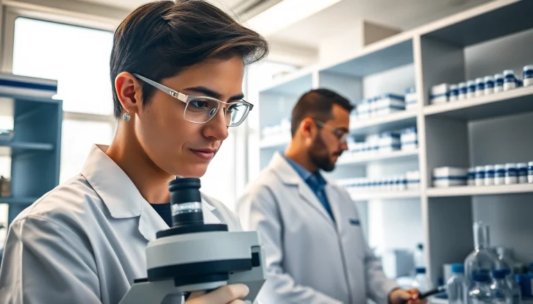 Analyze Research peptides in a modern laboratory with scientists collaborating.