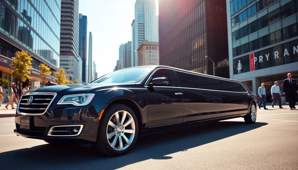 Experience luxury transportation with https://www.canadalimotaxi.com featuring a sleek limo in a bustling urban setting.