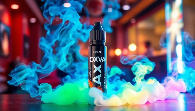 Oxva Liquid Flasche umgeben von bunten Dampfwolken in einer modernen Rauchlounge.