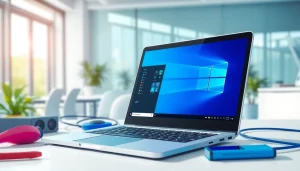 Showcase of the Windows 11 Pro Product Key in a modern digital workspace with vibrant tech elements.
