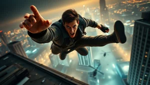 Action thriller scene showcasing a skilled fighter mid-combat high above the city.
