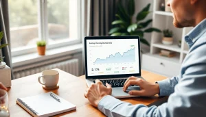 Earn money on short links by analyzing earnings displayed on a laptop in a bright office.