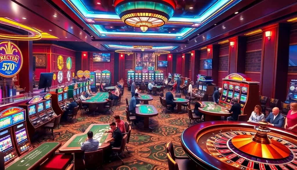 Experience the vibrant gambling world of KJC AC 1 with players enjoying casino tables and slot machines.