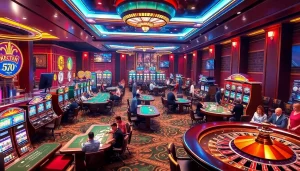 Experience the vibrant gambling world of KJC AC 1 with players enjoying casino tables and slot machines.