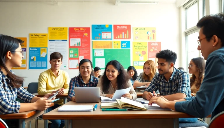 Enhance Education engagement with diverse students learning collaboratively in a bright classroom.