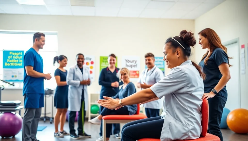 Engaged therapists at Health in Motion Rehabilitation assisting patients with physical therapy.