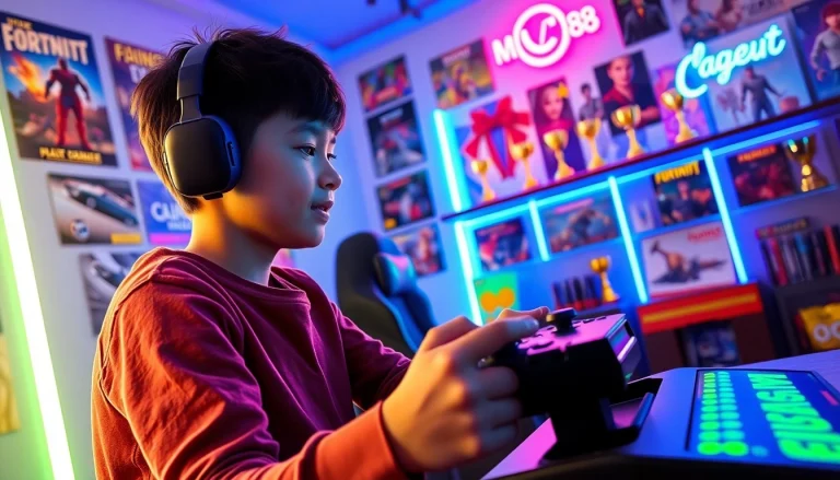 Engaged player enjoying the MV88 game in a vibrant gaming setup with colorful decor.