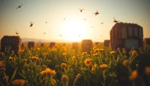 Colmenas layens iluminadas por el sol, mostrando abejas trabajando en su entorno natural.