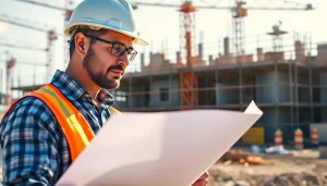 Expert New Jersey Commercial General Contractor reviewing blueprints on a vibrant construction site.