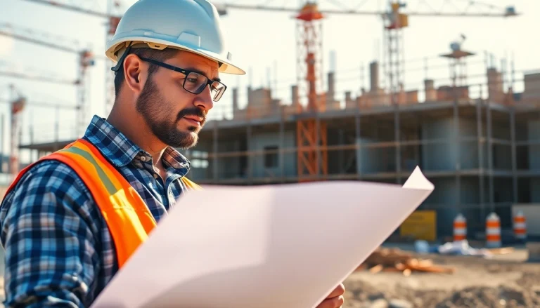 Expert New Jersey Commercial General Contractor reviewing blueprints on a vibrant construction site.