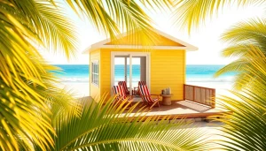Relaxing atmosphere at a coastal cabana with vibrant colors and palm trees.