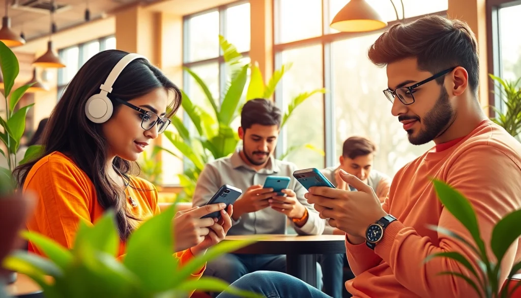 Engaged users interacting with sports betting apps India in a lively cafe.