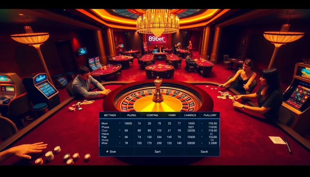 Experience the thrill at 89bet.house with vibrant casino tables filled with eager players and colorful chips.
