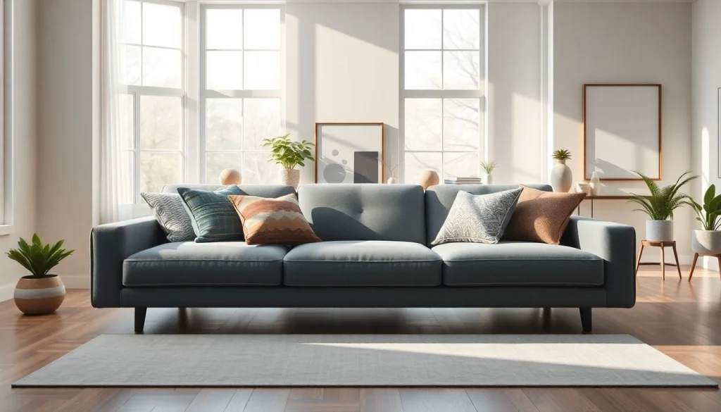 A stylish sofa bed displayed in a modern living room with elegant decor and warm lighting.