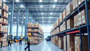Showcase warehousing efficiency with organized storage and workers managing logistics tasks.