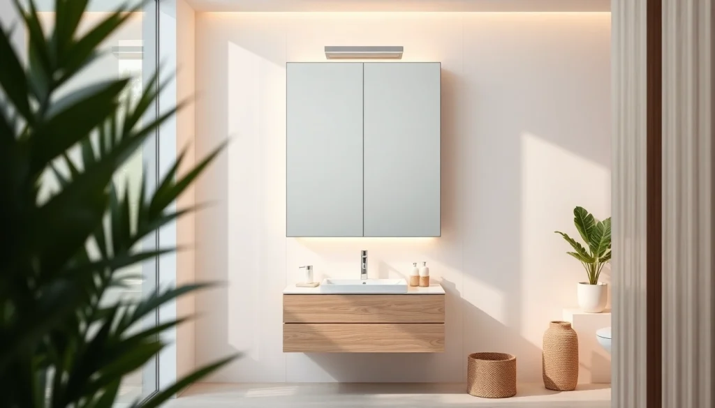 sonni Spiegelschrank in einem eleganten Badezimmer mit modernem Design und Beleuchtung.