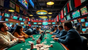Engaged players at https://mm88bc.com/ enjoying sports betting in a vibrant casino atmosphere.
