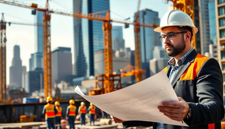 New York City Construction Manager examining blueprints in a busy construction site.