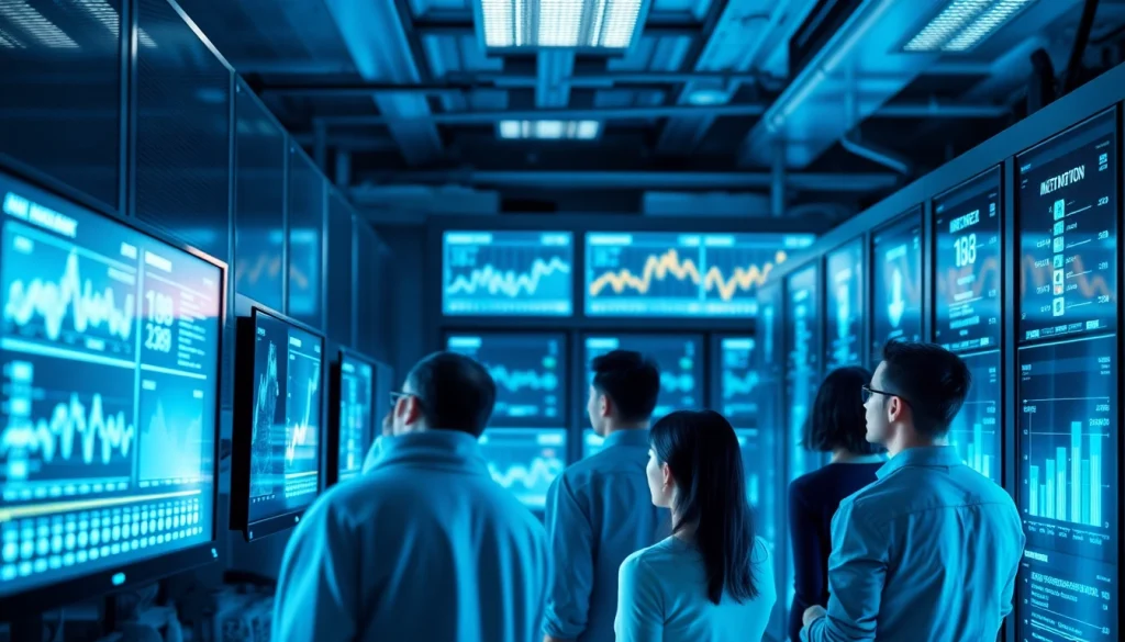 Cloud mining operation with diverse individuals monitoring cryptocurrency metrics in a futuristic data center.