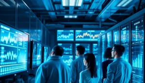 Cloud mining operation with diverse individuals monitoring cryptocurrency metrics in a futuristic data center.