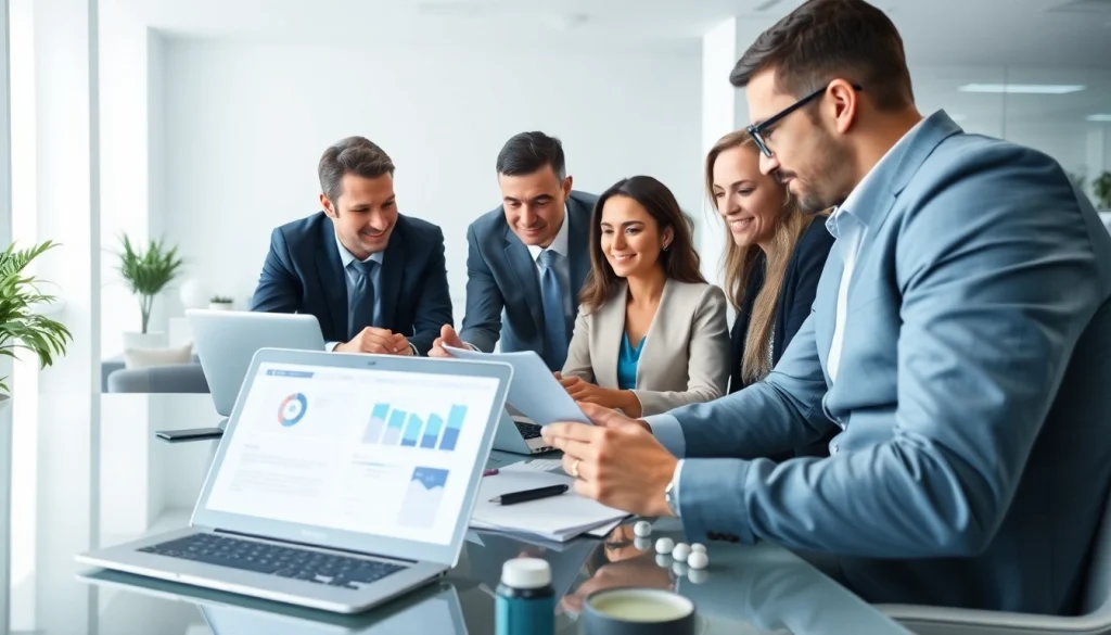 Team collaborating on invoice processing software in a modern office environment.