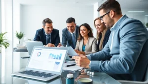 Team collaborating on invoice processing software in a modern office environment.