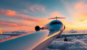 Luxury jet by https://flymarquis.com soaring through a picturesque sunset sky.