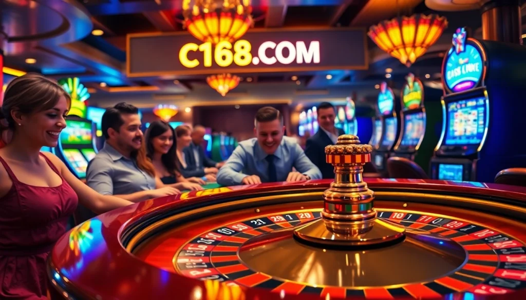 Experience the vibrant energy of casino gaming with C168.COM, featuring players at roulette and lively slot machines.