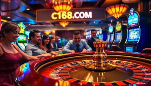 Experience the vibrant energy of casino gaming with C168.COM, featuring players at roulette and lively slot machines.