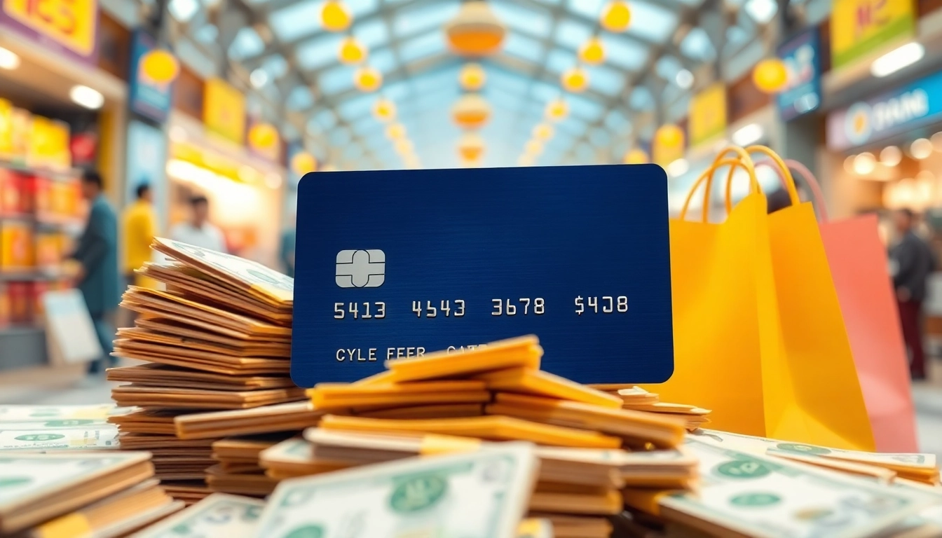 카드깡 으로 현금과 쇼핑백이 있는 장면을 나타내는 일러스트