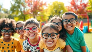 Promoting Our Children's Vision through joyful children playing in a vibrant playground.