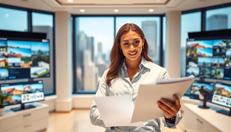 Real Estate agent reviewing listings in a modern office showcasing urban cityscape.