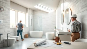 Bathroom builders renovating an elegant bathroom with modern fixtures and natural light.