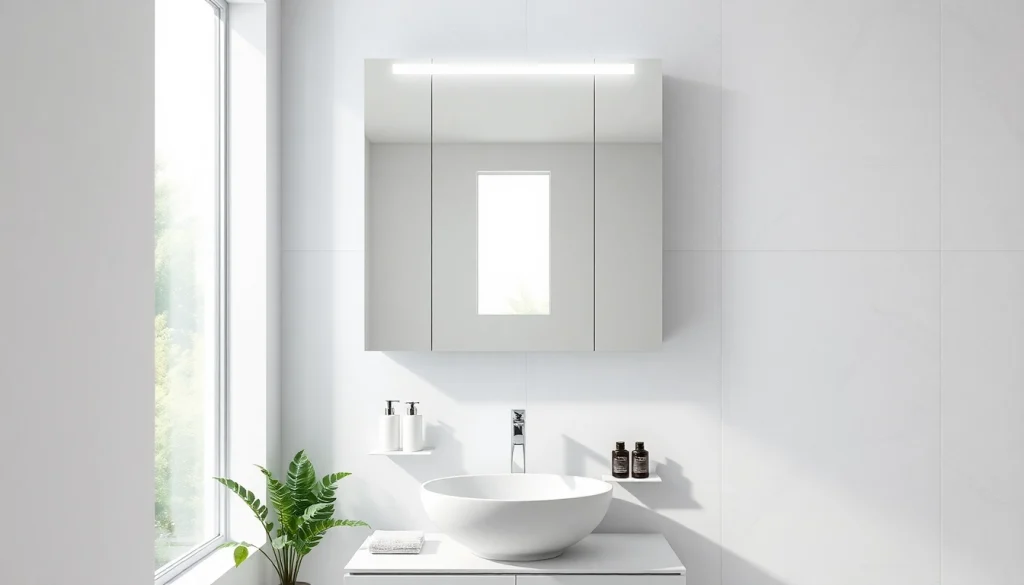 Spiegelschrank mit LED Beleuchtung, der modernes Design und Funktionalität vereint.