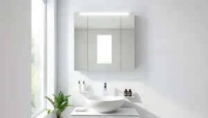 Spiegelschrank mit LED Beleuchtung, der modernes Design und Funktionalität vereint.