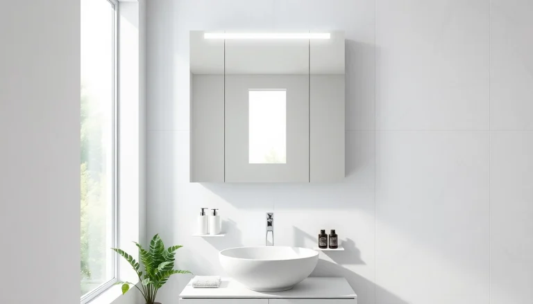 Spiegelschrank mit LED Beleuchtung, der modernes Design und Funktionalität vereint.