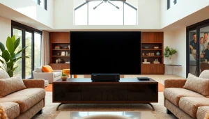 Showcase how the iron tv pro enhances a modern living room with elegant decor.