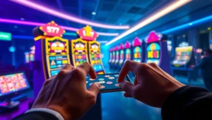 Menampilkan jentoto dengan antarmuka permainan slot yang berwarna-warni dan pemain yang terlibat langsung.