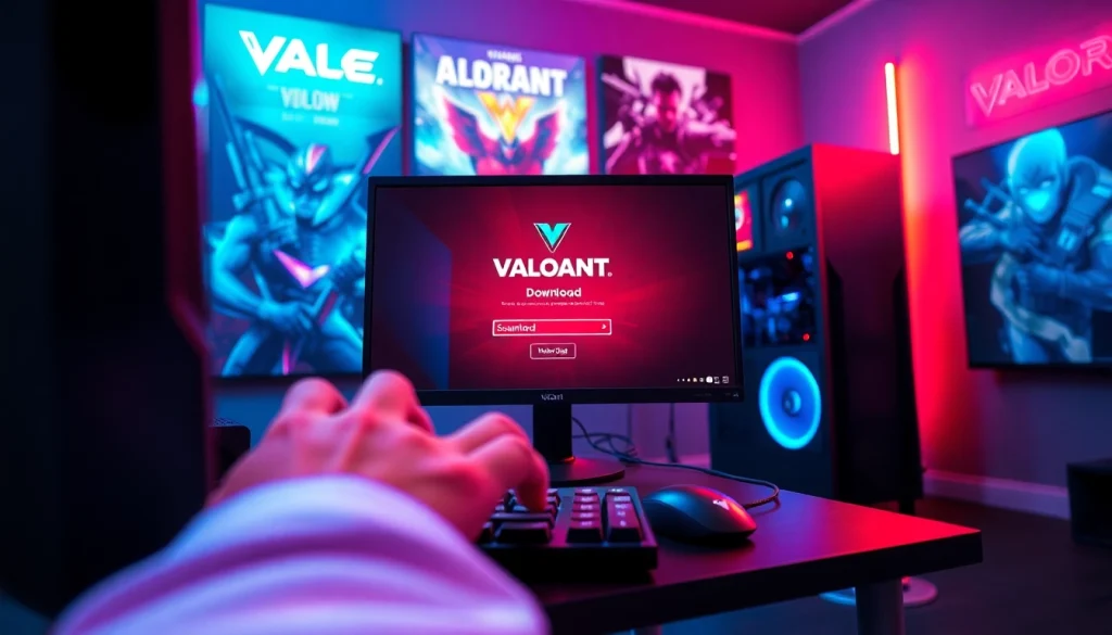 Initiate Valorant download on a gaming PC with vibrant neon lighting and a focused gamer.
