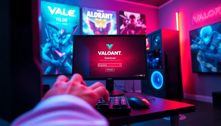 Initiate Valorant download on a gaming PC with vibrant neon lighting and a focused gamer.