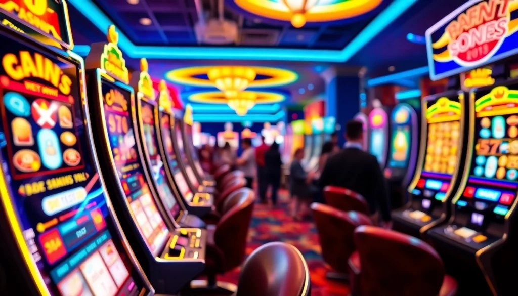 Permainan slot virus4d slot yang meriah dengan mesin slot berwarna-warni dan suasana kasino yang ramai.