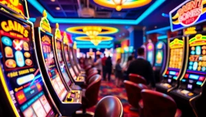 Permainan slot virus4d slot yang meriah dengan mesin slot berwarna-warni dan suasana kasino yang ramai.