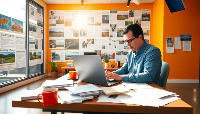 Journalist focused on a report about thegeorgiasun amidst a vibrant newsroom.