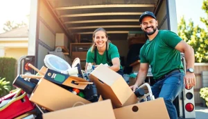 Efficient junk removal team smiling while loading items for Myeasyjunkremoval.com service.