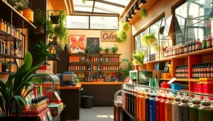 Vap shop mit bunten Produkten und einladender Atmosphäre im urbanen Umfeld.