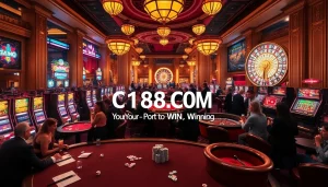 C168.COM showcases a vibrant casino scene with players at poker tables and spinning roulette wheels.