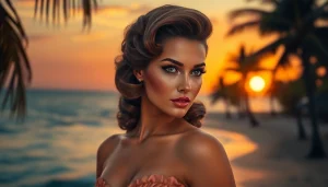 Showcase of a Varga girl inspired by https://www.esquirevargas.com in a vibrant tropical setting with vintage glamour.